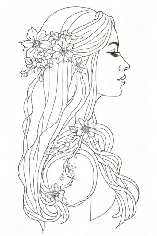 profile view of hippie woman with flowers in long wavy hair  tattoo design idea