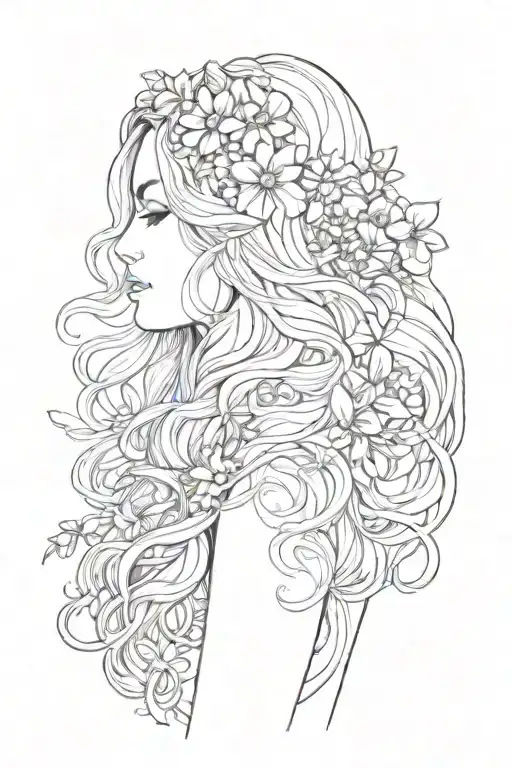 profile view of hippie woman with flowers in long wavy hair  tattoo design idea