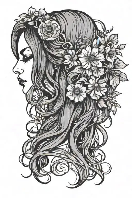 profile view of hippie woman with flowers in long wavy hair  tattoo design idea