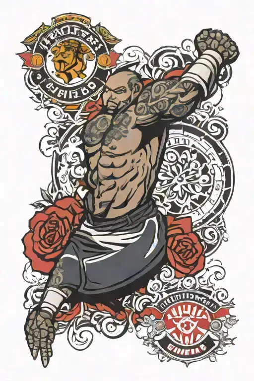sleeve tattoo that inclueds manchester united, boxing, mma and northen norway tattoo design idea