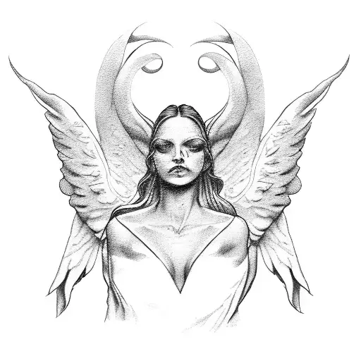 angel and devil with hand on weight of themis black & white tattoo design idea
