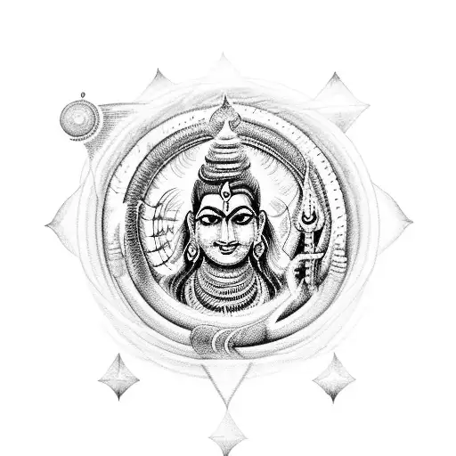 Shiva with Third eye opened, Trishul, Maa ganga and chandra with kedarnath and kailash parvat in sides tattoo design idea