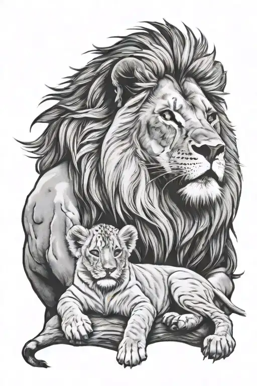 lion and one baby cub resting tattoo design idea