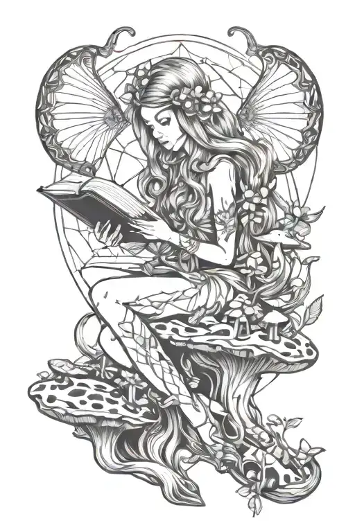 Fairy sitting on mushrooms long hair tattoo holding open book tattoo design idea