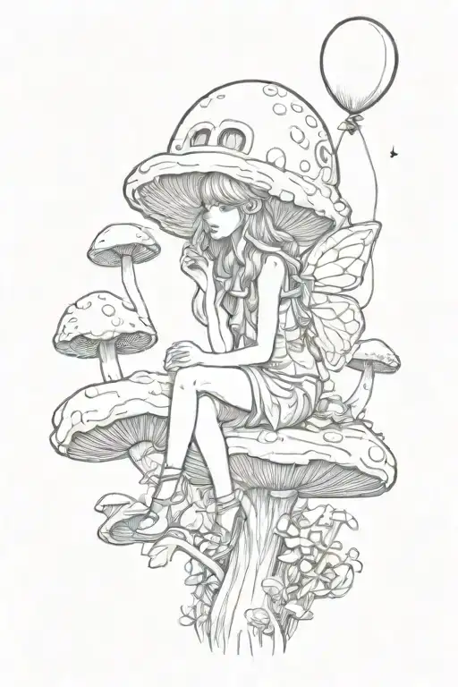 Fairy sitting on mushroom face away with balloon  tattoo design idea