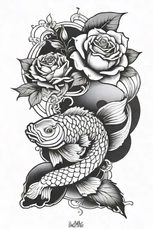 create a concept tattoo, featuring the word ikigai, a rose, a koi carp, a scale and the brain tattoo design idea