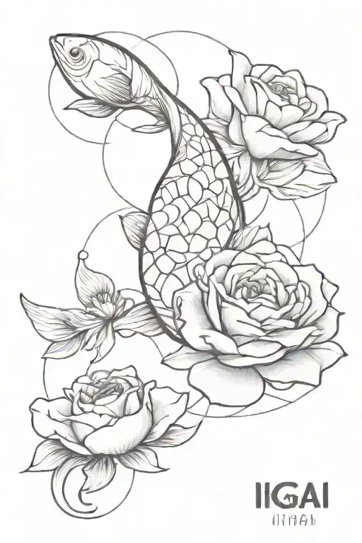create a concept tattoo, featuring the word ikigai, a rose, a koi carp, a scale and the brain tattoo design idea