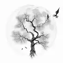 wispy tree in graveyard with hollow full moon and flying bats  tattoo design idea