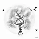 wispy tree in graveyard with hollow full moon and flying bats  tattoo design idea