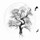 wispy tree in graveyard with hollow full moon and flying bats  tattoo design idea