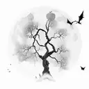 wispy tree in graveyard with hollow full moon and flying bats  tattoo design idea