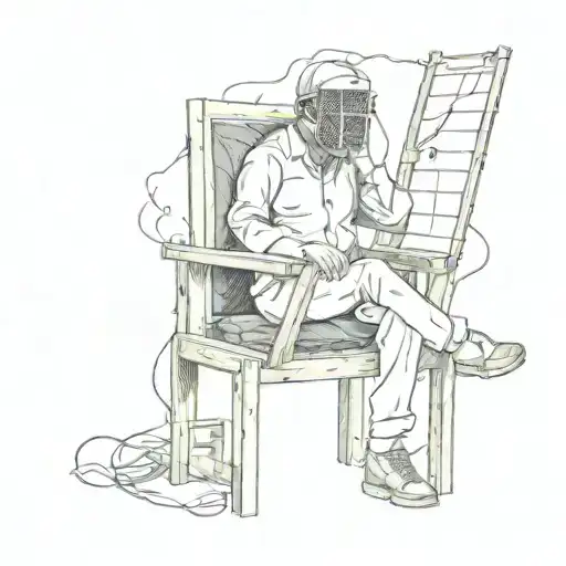 A man is shocked by electricity in a wooden electric chair with a bag over his head tattoo design idea