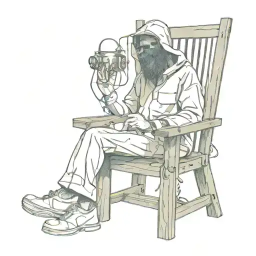 A man is shocked by electricity in a wooden electric chair with a bag over his head tattoo design idea