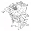 A man is shocked by electricity in a wooden electric chair with a bag over his head tattoo design idea
