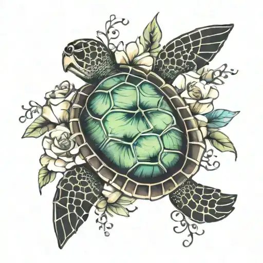 sea turtle surrounded by flowers  tattoo design idea