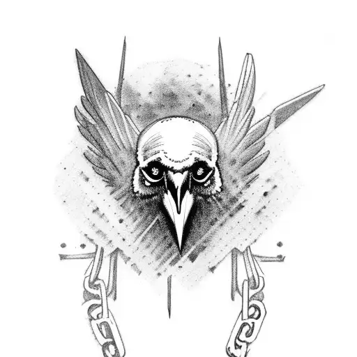 a raven or a crow with skull instead of it's head and with broken chain links on it's legs tattoo design idea