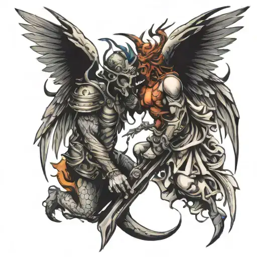 The holy War between angels and demons fighting tattoo design idea