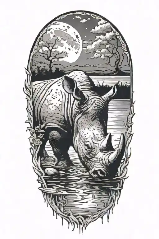 rhinocerous looking into a pool of water, moon in back ground, moon reflecting off  water onto horn tattoo design idea