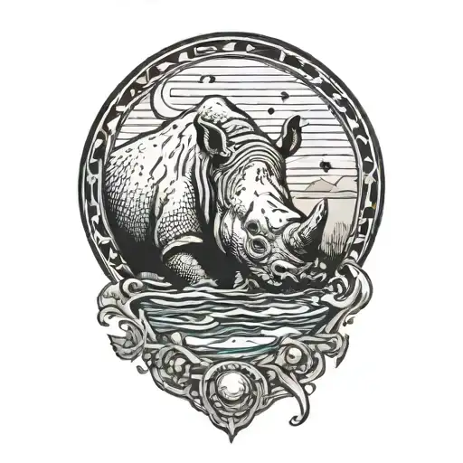 rhinocerous looking into a pool of water, moon in back ground, moon reflecting off  water onto horn tattoo design idea