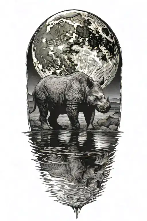 Rhincerous with moon in background looking into pool of water. Moon is reflected on the surface of water.  tattoo design idea