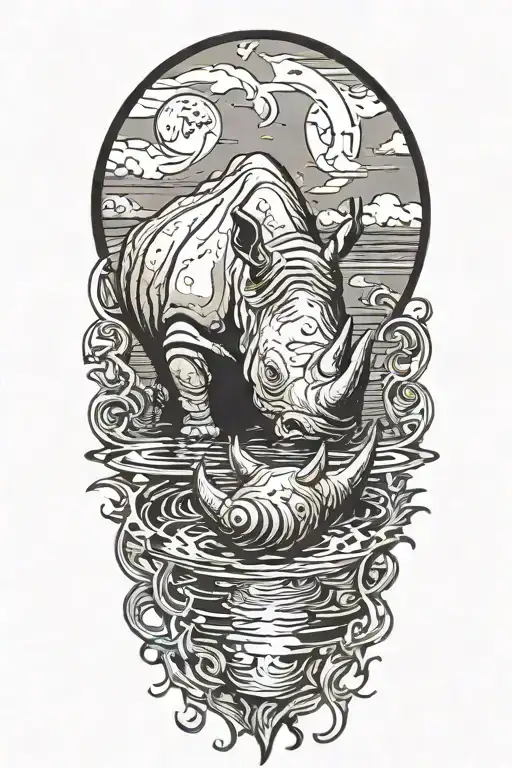 rhinocerous looking into a pool of water, moon in background, moon reflecting off  water onto horn tattoo design idea