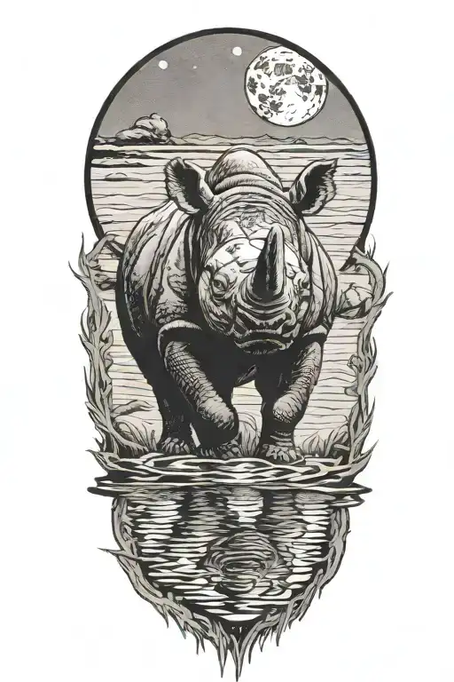 African rhincerous looking into a pool of water, moon in background, reflection of moon on surface of water  tattoo design idea
