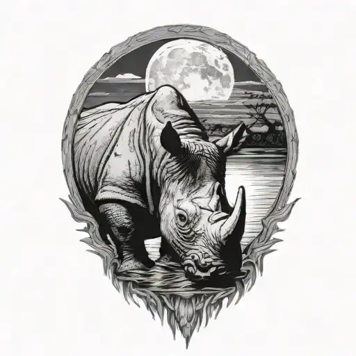 rhinocerous looking into a pool of water, moon in back ground, moon reflecting off  water onto horn tattoo design idea