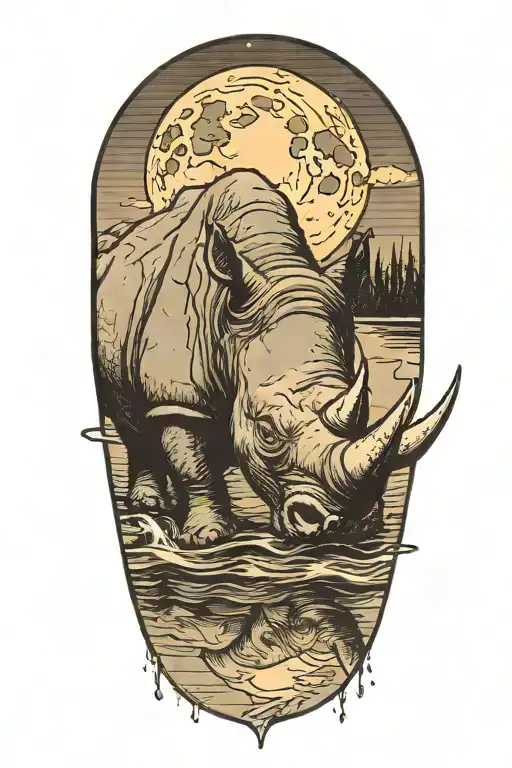 rhinocerous looking into a pool of water, moon in back ground, moon reflecting off  water onto horn tattoo design idea