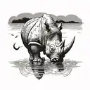 rhinocerous with moon back ground reflecting into a pool of water tattoo design idea
