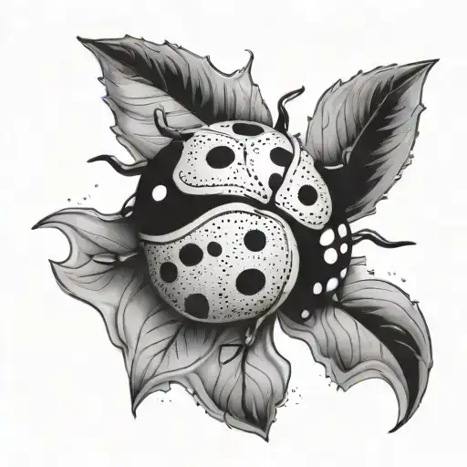 Create a tattoo design of a ladybug with 13 dots in total, crawling on a Portuguese tile tattoo design idea