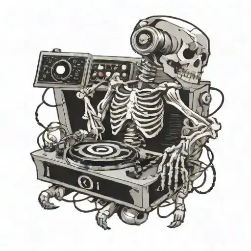 A fusion of metalcore music and gaming in a tattoo featuring a skeleton DJ mixing beats on a turntable tattoo design idea