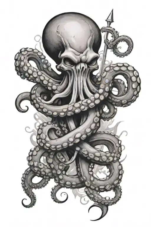 octopus wrapped around an anchor with a trident  tattoo design idea