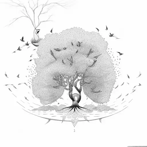 mustard tree with deep roots and with colorful birds  tattoo design idea