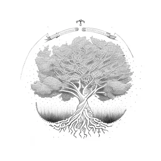 mustard tree with deep roots and with colorful birds  tattoo design idea