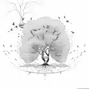 mustard tree with deep roots and with colorful birds  tattoo design idea