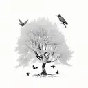mustard tree with deep roots and with colorful birds  tattoo design idea