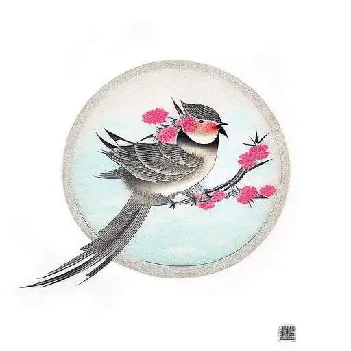 a bird with Japanese writing that symbolizes strength tattoo design idea