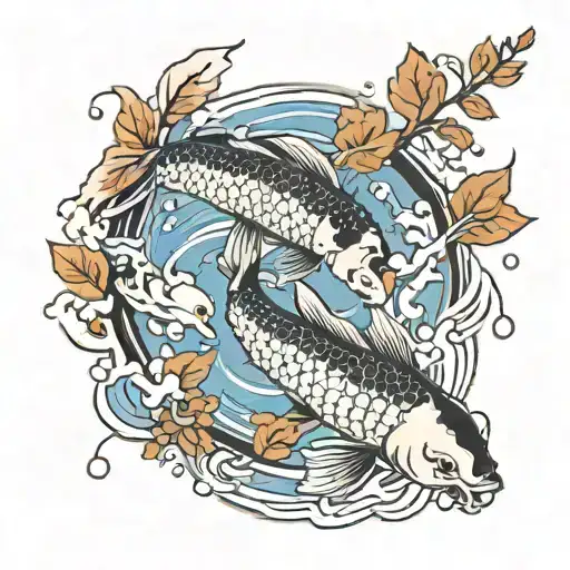 koi fish swimming upstream surrounded by autumn leaves tattoo design idea