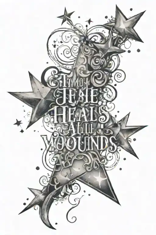 cloudy stars background time heals all wounds quote  tattoo design idea