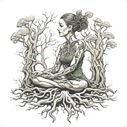 Woman meditating with tree roots coming out of her root chakra tattoo design idea