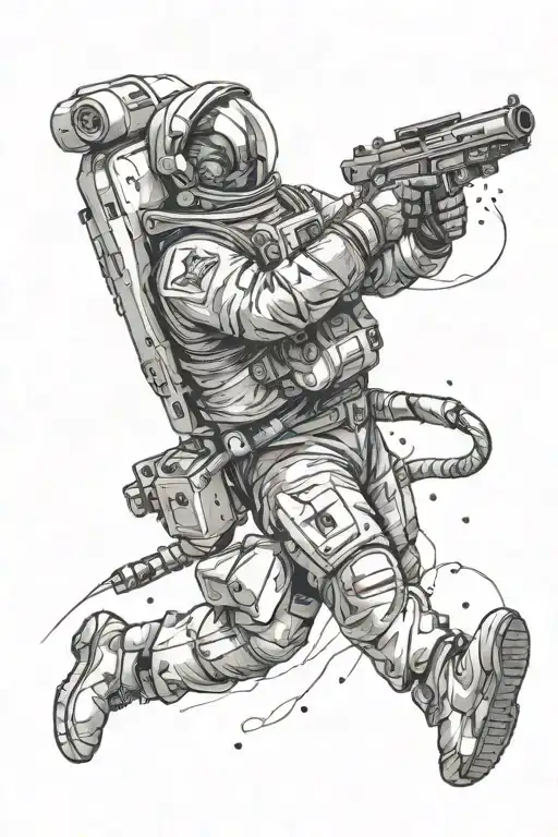 astronaut floating in space shooting guns  tattoo design idea
