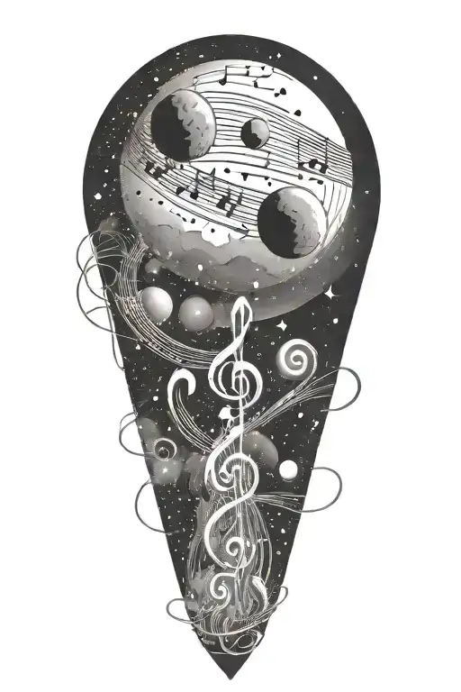 Music notes forming a galaxy with planets as the focal points tattoo design idea