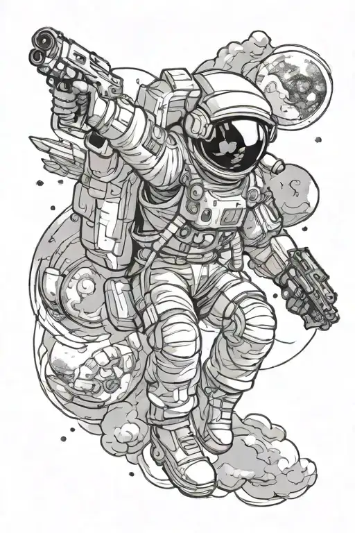 astronaut floating in space shooting guns  tattoo design idea