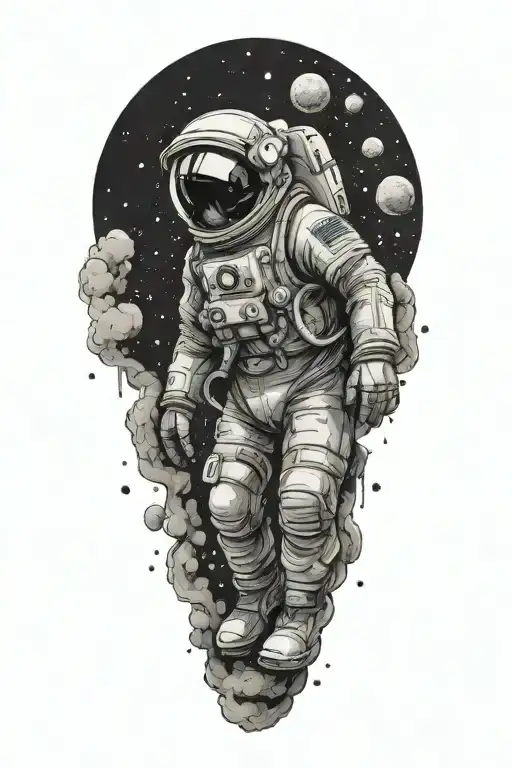 astronaut floating in space surroundedby smoke and stars  tattoo design idea