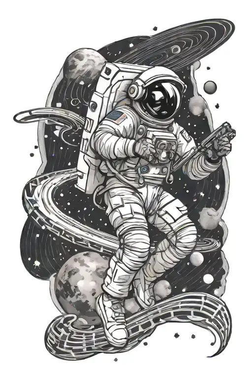 astronaut floating in space surrounded my music notes tattoo design idea