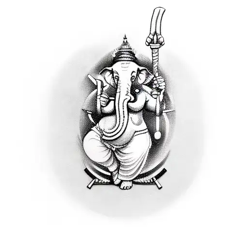 A tattoo combining mythological symbols or figures like Lord Ganesha or Thor holding a cricket bat and listening to music, with an electrical circuit or wiring design incorporated. tattoo design idea