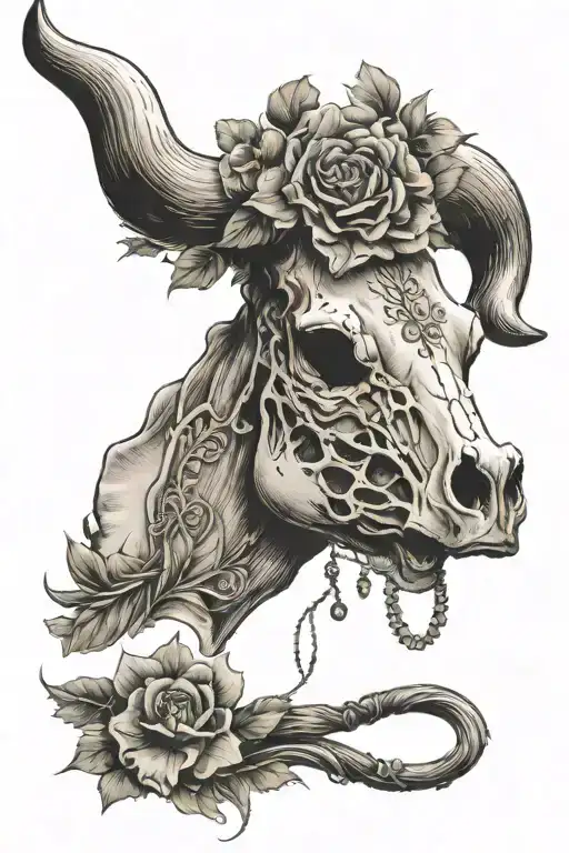 Western with windmill desert flowers bull skull  tattoo design idea
