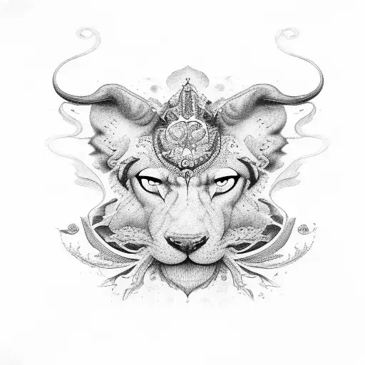 Rostro de una bella Afrodita con los ojos azules, con simbologías de su mito con Eros al huir de Tifón tattoo design idea