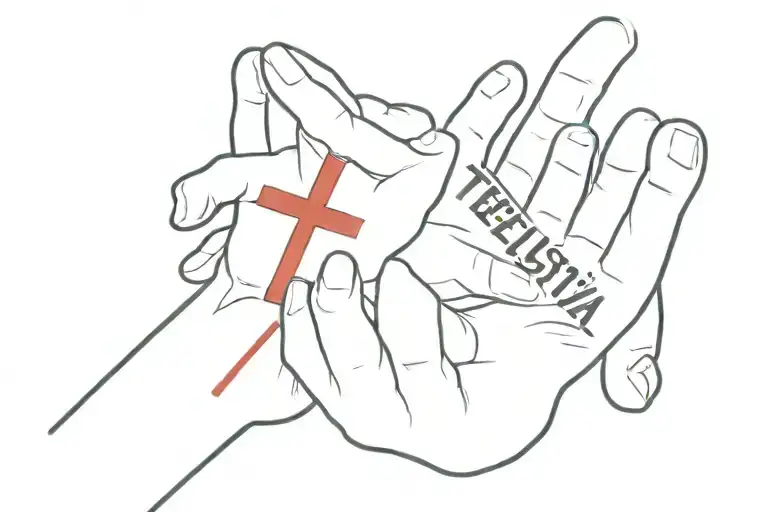 A wrist tattoo of a word tetelestai in bloody red with a cross on every T letter tattoo design idea