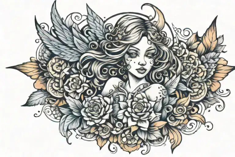 angel fall out girl whith wins of mandalas and flowers whith a swort  tattoo design idea